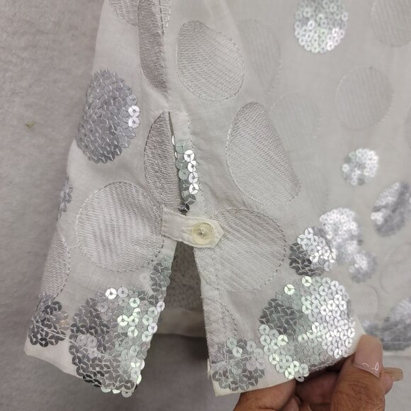 Robert Kitchen Womens XL White Cotton Short Sleeve Sequin Detail Button Blouse - Picture 10 of 12